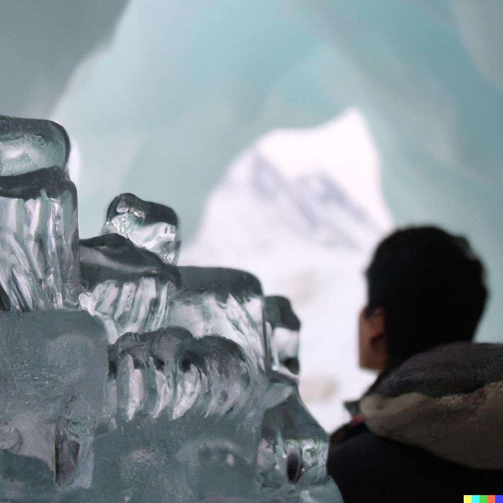 someone gazing at Mount Everest, ice sculpture